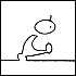 A stick figure with a rounded head and antenna performs sequential movements across six , transitioning from crouched to standing positions against a solid gray background