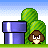 Pixel art animation of a brown mushroom character with white eyes and a beige mouth, positioned next to purple pipes and green striped bushes on a blue sky background.