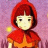 Pixelated 48x48 static icon of a character with red hooded cloak and orange top against purple background, featuring yellow highlight on left side.