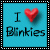 Two side-by-side blue square with black dotted borders display "I" and "Blinkies" text flanking a red heart symbol, the right 's heart smaller than the left