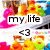 Pixelated icon with 'my life <3' text over colorful abstract background featuring pink, orange, yellow, green, and blue shapes.