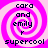 Four identical pixelated icons arranged in a , each featuring a pink and white spiral background with black text reading 'cara and emily r supercool' in a blocky font