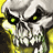 Static pixelated image of a stylized skull with glowing green eyes against a yellow and gray background.