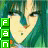 A pixelated anime-style character with teal hair and a yellow face appears in four , each showing different green block text on the left side