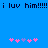 Blue background with black text reading 'i luv him!!!!!' repeated twice at the top, and two sets of pink and purple pixelated heart symbols below.