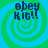 Four identical display 'obey Kite!' text over a blue-green spiral background with pixelated lettering
