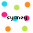 Pixelated circular icons in blue, green, orange, and pink surround the word 'sydney' in black pixelated text on a white background.