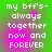Green and purple gradient background with white pixelated text reading 'my bff's- always together now and FOREVER' in four identical