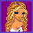 Pixel art of a blonde woman with curly hair, wearing a white tank top with red cherry designs, standing against a purple background.