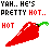 Animated contact sheet of a chili pepper icon with changing text colors across five frames, each showing "YAH.. HE'S PRETTY HOT." and "HOT" in pixelated font.