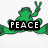 Green frog in peace sign pose with 'PEACE' text, colorful hearts with 'LOVE' text, yellow smiley face with 'HAPPINESS' text, and empty gray