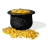 Animated sequence of a black cauldron overflowing with gold coins on a white background, showing subtle variations in coin pile and shadow.