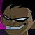 Pixelated close-up of a character with brown hair, dark sunglasses, and a wide grin showing teeth, set against a dark background with purple and pink hues.