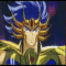 Animated sequence of a character with blue hair and golden armor, showing mouth movements against a dark background.
