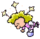 Pixelated character with yellow hair and pink clothing holding a blue bucket, surrounded by four stars against gray background.