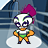 Pixel art character with purple mohawk, white face, green shorts, and orange limbs in four animated poses against blue background.