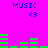 A bright pink background displays blue 'MUSIC' text above green audio equalizer bars that shift between two states.