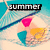 six shows a beach scene with a bikini-clad figure under a blue umbrella, with the word 'summer' appearing in different positions across the