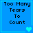 Blue square with black text 'Too Many Tears To Count' and cyan border; four heart symbols in bottom-right corner of each quadrant.