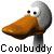 Pixelated cartoon duck icon with orange beak and gray head, shown in two animation frames side-by-side on a white background with "Coolbuddy" text below.