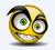 Yellow cartoon face with green eyes and black eyebrows, smiling widely while holding a cigarette in its mouth