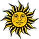 Nine yellow sun-shaped icons with black and yellow striped rays arranged in a on gray background, each with distinct facial expressions
