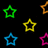 Pixelated star-shaped icons in green, yellow, blue, and pink on black background with cyan text reading 'Travis' and a yellow star with cyan outline.