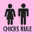 A 6-frame animated contact sheet showing a sequence of stick-figure interactions with the text "CHICKS RULE" beneath each frame on a pink background.