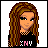 Pixel art icon of a cartoon woman with long brown hair wearing a black shirt and necklace, displayed in a contact sheet layout with text below.