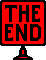 Red and black pixelated sign with 'THE END' text in various orientations on a gray background.