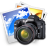A pixelated digital camera with a blue and white abstract shape above it on a gray background.