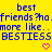 Yellow background with blue pixelated text reading 'best friends? no. more like... BESTIESS BESTIESS' and two pink heart symbols.