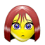 Yellow-skinned character with red bobbed hair and blue eyes in nine views showing varied expressions including closed eyes, tears, and neutral faces