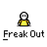 Animated contact sheet of a yellow stick figure character performing sequential movements with text "Freak Out" beneath each frame on gray background.