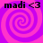 Four identical display a pink and purple spiral background with black text reading 'madi <3' at the top of each