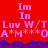 Red background with pink text 'Im In', 'Luv W/T', 'A*M***OA' repeated across two , blue and purple pixelated wave border at bottom