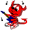 Red devil character with horns, tail, and sunglasses plays blue electric guitar while floating among black musical notes on gray background.