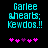 Pixelated cyan text reads 'Garlee shearts: Kewdos.!!' above five pink hearts with one purple heart, displayed on a black background.