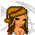 Pixel art icon featuring a woman with brown hair and cookie-themed accessories, holding large cookies against a starry background.