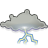 Pixelated gray cloud with dark outline and blue-yellow lightning bolts extending downward from its base against a light gray background.