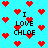 Pixelated blue background with red heart icons and black text reading "I LOVE CHLOE" in multiple arrangements.