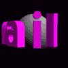 Animated contact sheet of 16 frames showing a sequence of purple text characters rotating around gray spheres on black background.