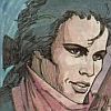 Pixelated close-up of a person with dark tousled hair, wearing a pink scarf, against a blue background.