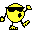 Yellow pixelated character with black sunglasses, circular body, and four limbs in various poses against gray background.
