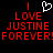 Red pixelated text on black background reads 'I LOVE JUSTINE FOREVER!' with a white heart symbol above the first 'LOVE'.