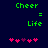 Green pixelated text 'Cheer = Life' above pink and purple heart icons on dark blue background.