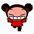 Pixelated character with pink skin, black pigtails tied with red bands, red top, and black pants, shown in two poses with open mouths and closed eyes.
