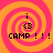 Four identical pixelated display a pink and orange spiral background with 'i <3 CAMP !!!!' text in black