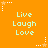 Orange background with repeating light green text "Live Laugh Love" in pixelated font, surrounded by white and orange star-shaped icons connected by dotted lines.