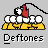 Pixel art animation of a figure with red hand and black-and-white face holding a microphone above yellow platform with white circular shapes, labeled 'Deftones' below.